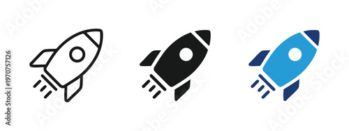 Three variations of a rocket ship icon displayed in outline solid and dual color design styles isolated on white background, Vector, illustration