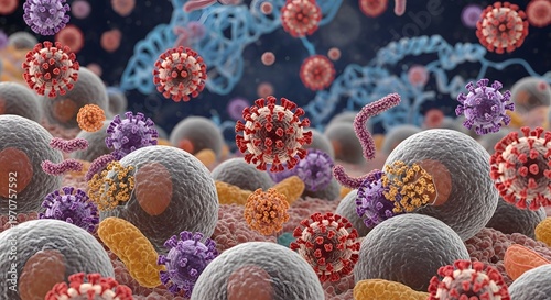 Microscopic View of Viral Particles Infecting Human Cells.