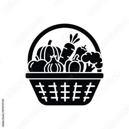 Basket full of fresh organic vegetables and fruits illustrated as black silhouette icon for healthy eating concept on white background, grocery shopping illustration.