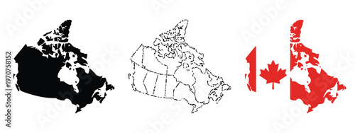 Three different artistic representations of the canadian map displayed in a horizontal sequence. isolated on white background, Vector, illustration