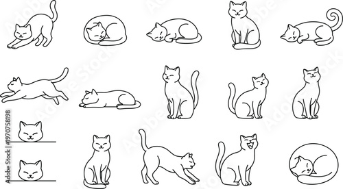 Cat poses and behavior line icon set featuring stretching sleeping sitting playful feline actions outline vector illustration