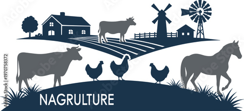 Agriculture vector illustration, rural farm scene, windmills and barn, cows and chickens, horse on hill, farmhouse, tree, field rows, green design