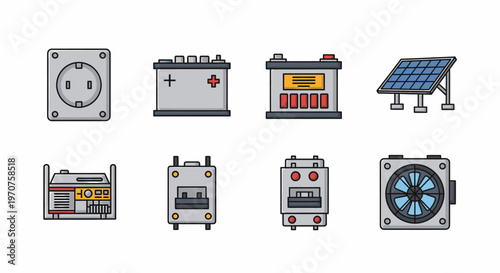 Electrical Power Supply and Energy Sources Collection Flat Icons