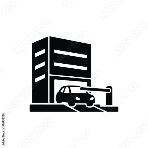 Black silhouette icon of a car entering a multi-story parking garage with a raised barrier, representing parking facility or service.