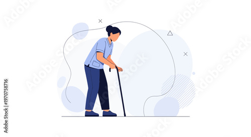 Elderly Woman with Cane Walking, Abstract Background, Senior Health Concept