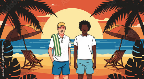 Two diverse men standing on a beach during sunset with palm trees and beach chairs in a vector illustration style