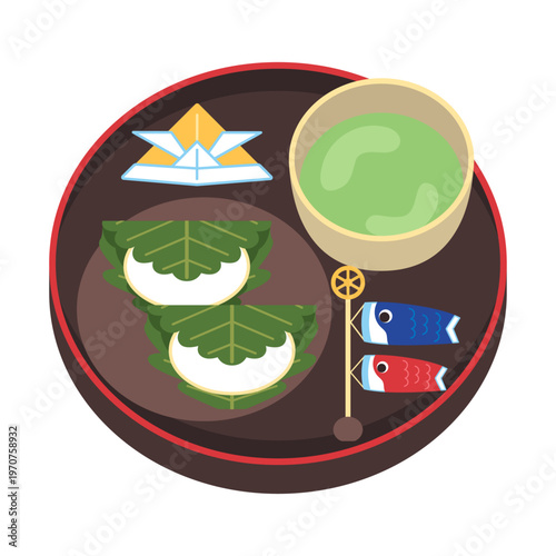 柏餅と抹茶の甘味セットのイラスト(端午の節句)