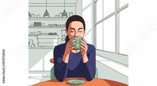Vector illustration of a woman enjoying a warm beverage in a cozy cafe setting, perfect for lifestyle content