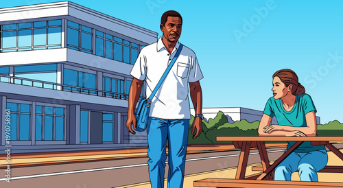 A Casual Conversation Between Two People Outside a Modern Office Building, Vector Illustration