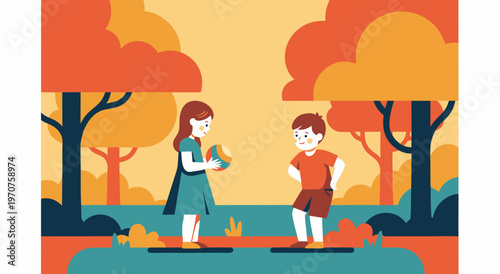 Charming vector illustration of a boy and girl playing with a ball in a vibrant autumn park, celebrating childhood friendship