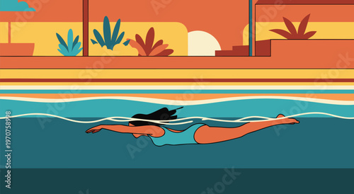 A Refreshing Summer Vacation Woman Swimming in a Pool Vector Illustration for a Relaxing Getaway