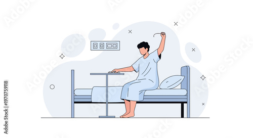 Patient sitting on hospital bed, stretching arm, recovery concept
