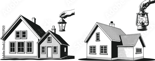 Illustration of houses with lanterns with real estate with gas lamp with street light