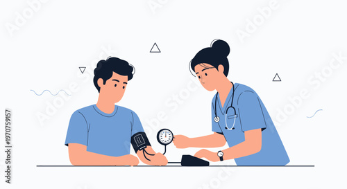 Nurse checking patient's blood pressure, medical checkup, healthcare illustration