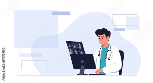 Doctor analyzing medical scan on computer screen in modern clinic
