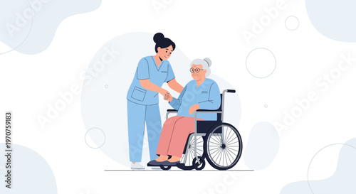 Nurse assisting elderly woman in wheelchair, healthcare, support, caregiving