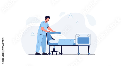 Doctor pushing hospital bed with patient in sterile room, medical care concept