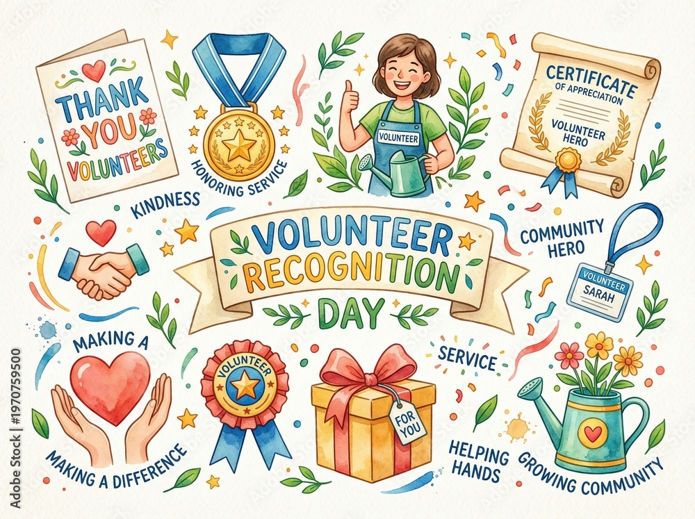 Fototapeta premium Watercolor individual elements, Volunteer Recognition Day themed, Vibrant colors