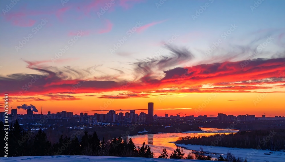 Naklejka premium A serene winter cityscape at sunset with a river and trees
