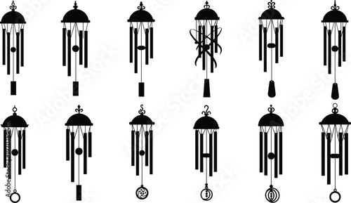 Wind chime silhouette vector set, hanging chimes collection, decorative musical ornament clipart, relaxing garden decor illustration, feng shui symbol design