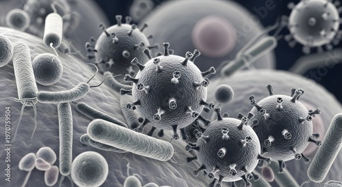 Microscopic view of viruses and bacteria cells in a laboratory setting.