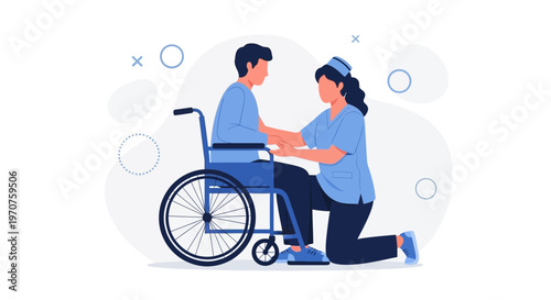Nurse helping patient in wheelchair, medical care, disability support, healthcare illustration