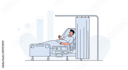 Patient Lying in Hospital Bed with Curtains and Abstract Background