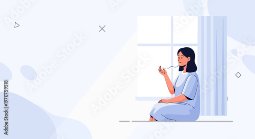 Woman sitting by window, holding string, looking thoughtful