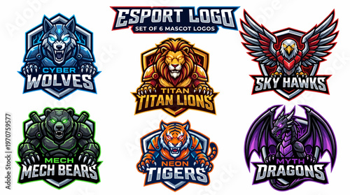 Esports Mascot Logos: Cyber Wolves, Titan Lions, Sky Hawks