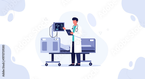 Doctor with Patient and Medical Equipment in Hospital Room