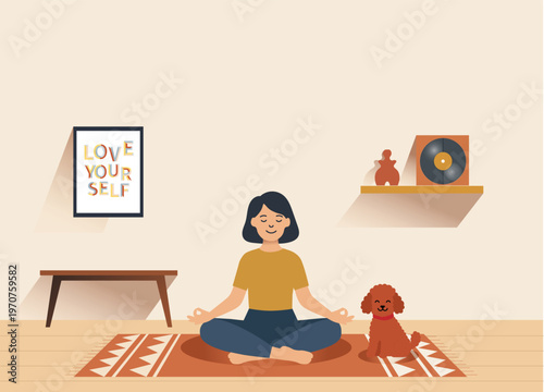Minimalist Flat Illustration of a Woman Meditating at Home with Her Dog