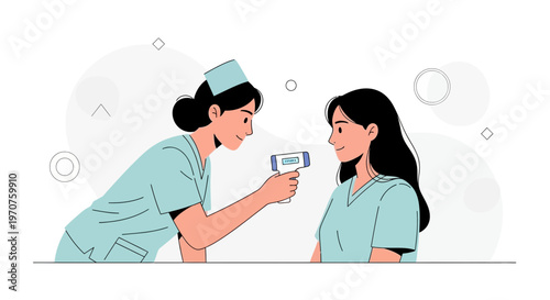 Nurse checking temperature with infrared thermometer, healthcare concept illustration