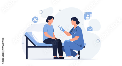 Nurse checks patient's temperature with infrared thermometer in clinic, healthcare concept