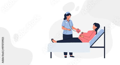 Pregnant woman on bed with doctor using stethoscope for checkup, healthcare concept