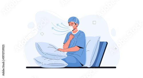 Patient in hospital bed with oxygen mask, breathing support, medical care illustration