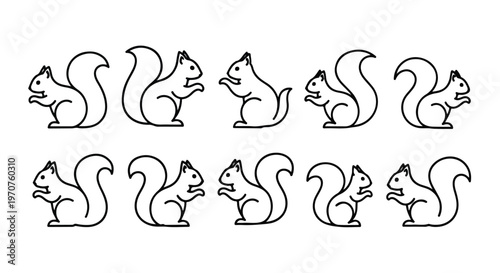 Collection of eight different cartoon squirrel illustrations in various poses on a white background.