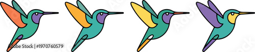 Colorful hummingbird pattern with turquoise body, yellow wings, and purple chest modern flat cartoon vector illustration design