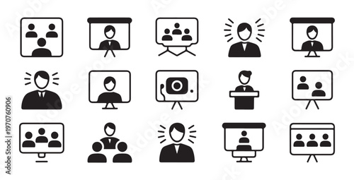 Video conference icons set with participants in online meetings and presentation screens icons.