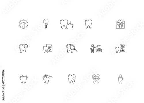 Collection of dental line icons including healthy tooth, dental implant, tooth care, and various dentistry related concepts, on white background.