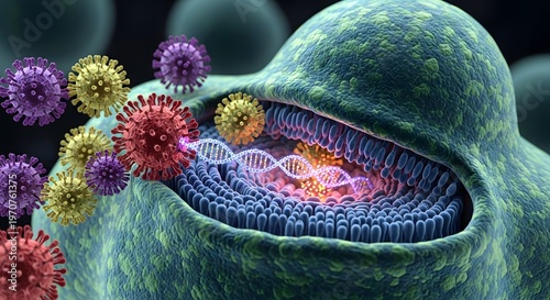 Microscopic View of Viruses Attacking a Cell with DNA Inside.