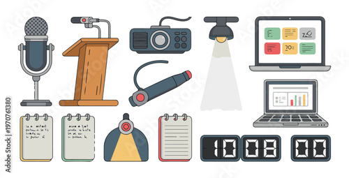 Business presentation equipment vector icons set with microphone podium projector laptop and digital timer.
