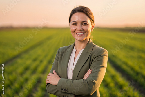 Professional female agronomist standing in green field