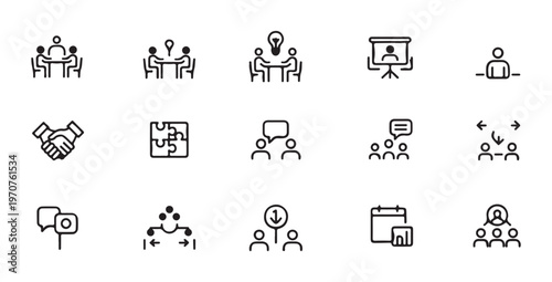 Professional team collaboration line icons set featuring business meeting handshake and puzzle piece symbol.