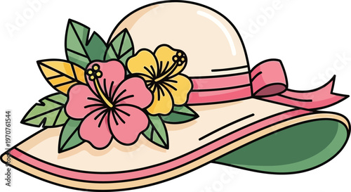 Title elegant floral hat illustration isolated on transparent background description a charming illustration of a wide brimmed hat adorned with vibrant pink and