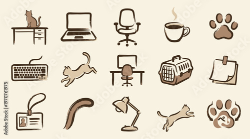 A collection of charming hand-drawn icons depicting a cat's presence in an office environment, including a desk, chair, laptop, and coffee.
