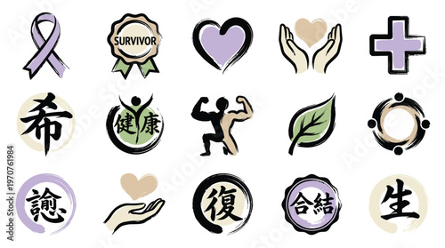 A collection of diverse icons representing health, wellness, support, and positive life concepts, including ribbons, hearts, hands, and Asian calligraphy.