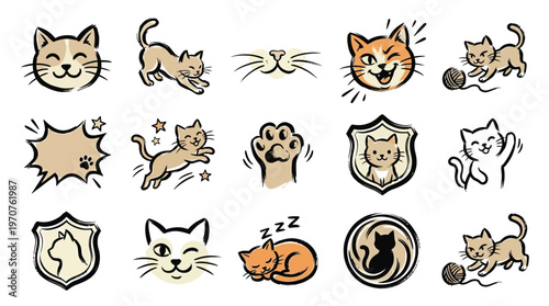 A collection of charming hand-drawn illustrations featuring various playful and cute cat poses, expressions, and symbols, perfect for graphic design and pet-themed content.