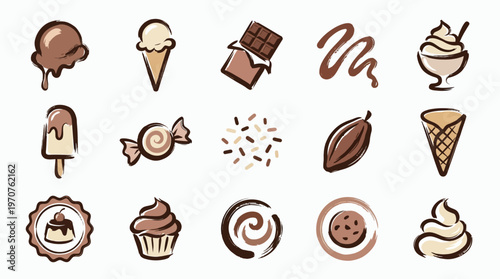 A collection of hand-drawn illustrations of various chocolate and ice cream desserts and ingredients, presented in a grid layout.