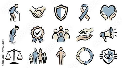 A collection of hand-drawn icons representing social justice, human rights, and community support, including symbols for elderly care, partnership, protection, awareness, and aid.
