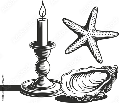 Candle in a candlestick, starfish, and oyster shell, still life, black and white, home decor